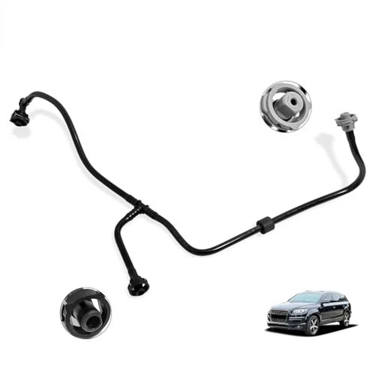 Black coolant hose pipe with chrome circular cap and two visible connector ends