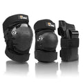 Black knee, elbow, and wrist pads set with round hard shells and elastic straps