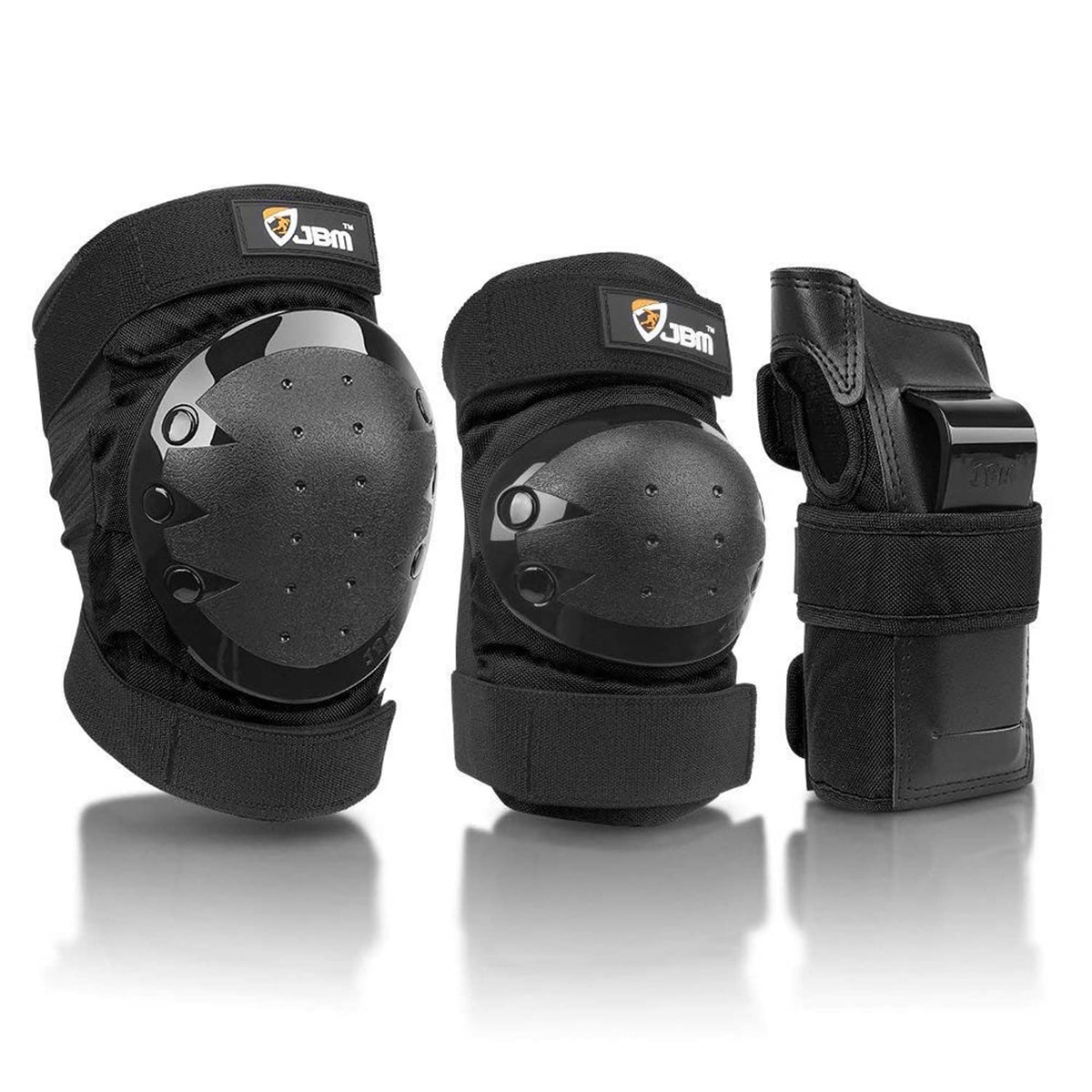 Black knee, elbow, and wrist pads set with round hard shells and elastic straps