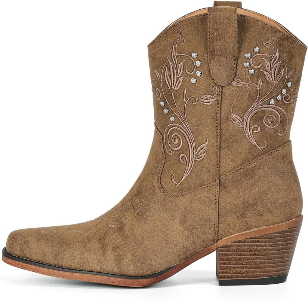 Women’s tan cowboy ankle boots with side floral rhinestone embroidery and stacked heel