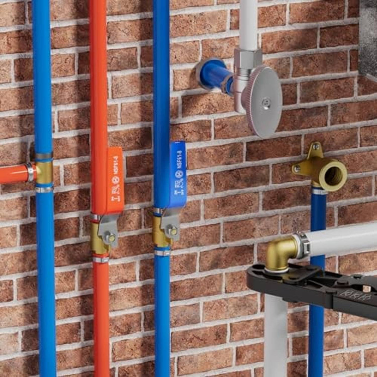Brass 90-degree elbow barb crimp fitting connecting PEX tubing to a valve