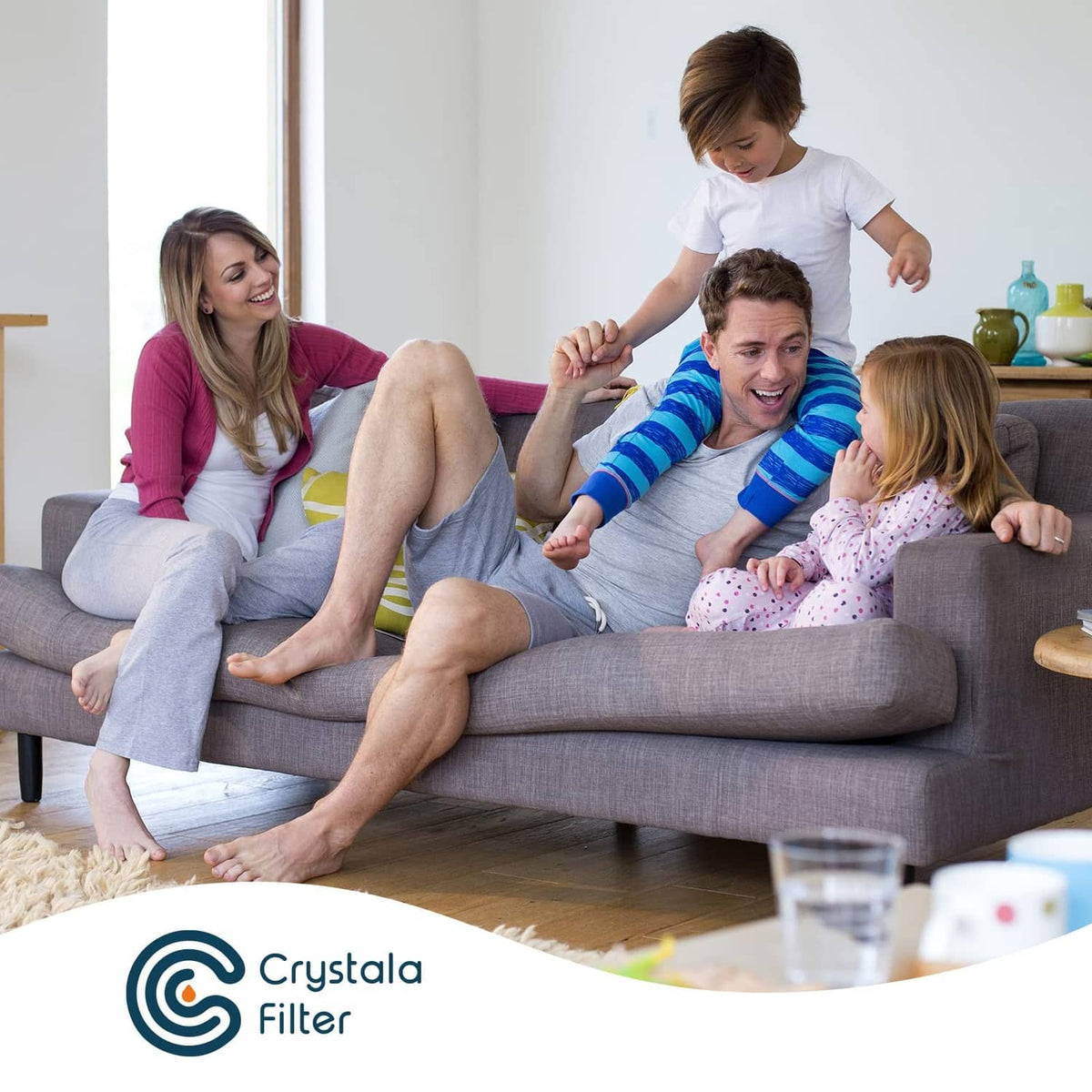 Crystala Filter branded logo on lifestyle scene with family on sofa