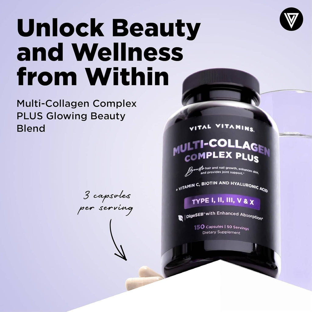 Black collagen supplement bottle with purple label and “Type I, II, III, V & X”
