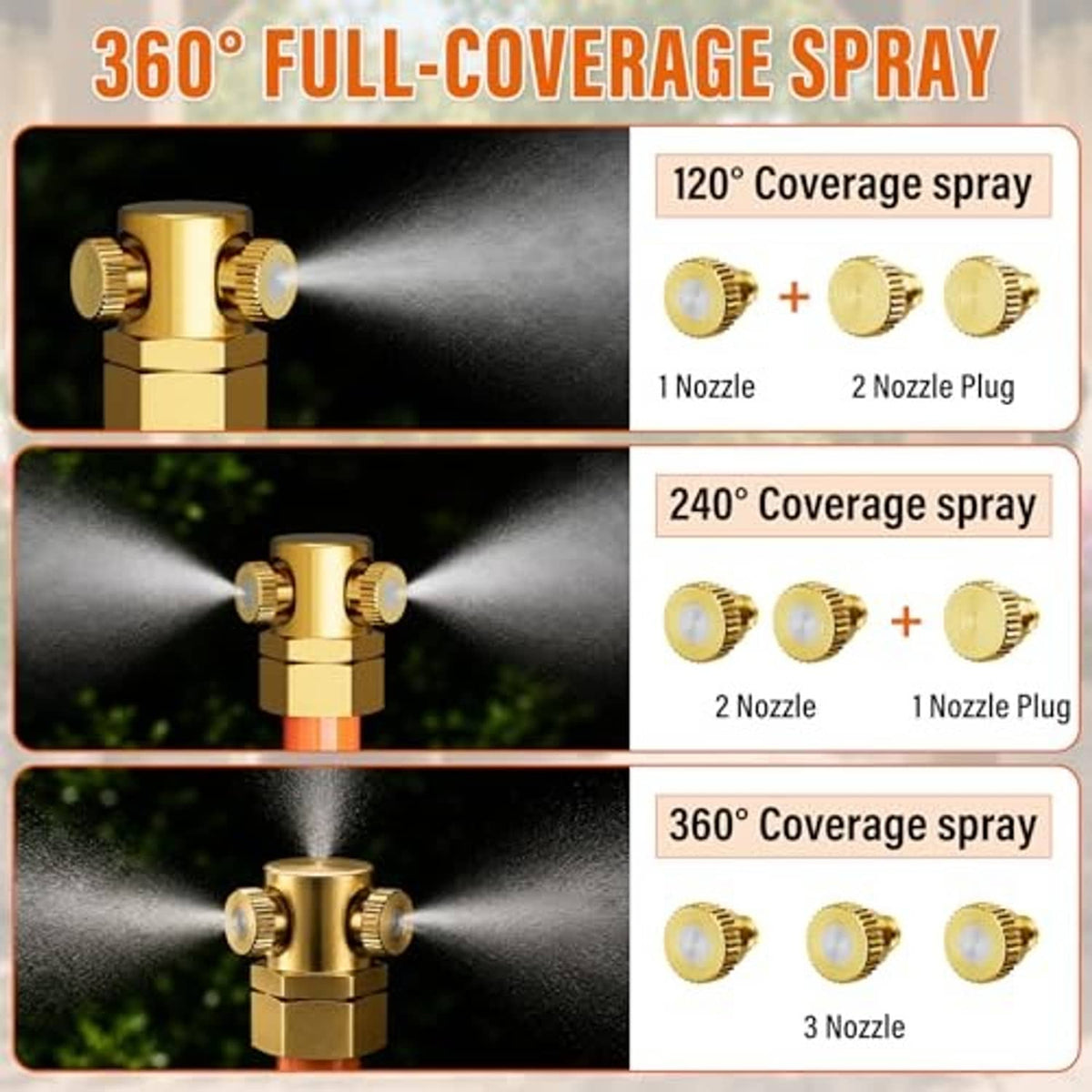Brass hose mister nozzle with multiple outlets on an orange fitting for full coverage