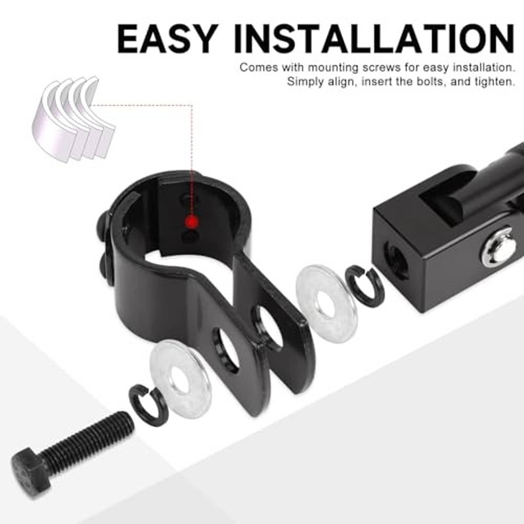 Black foldable foot peg with mounting screws, washers, and bracket hardware