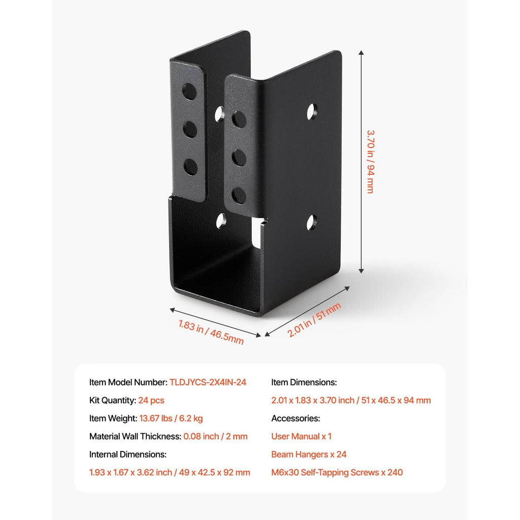 Concealed joist hanger bracket, black steel, side plates with drilled holes and U-base