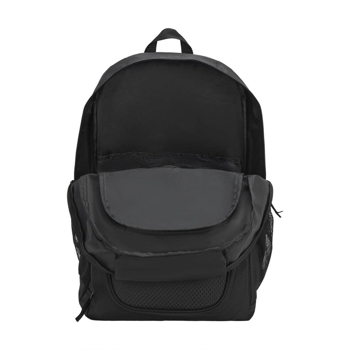 Puma Contender backpack back view with top flap and gray inner pocket, black