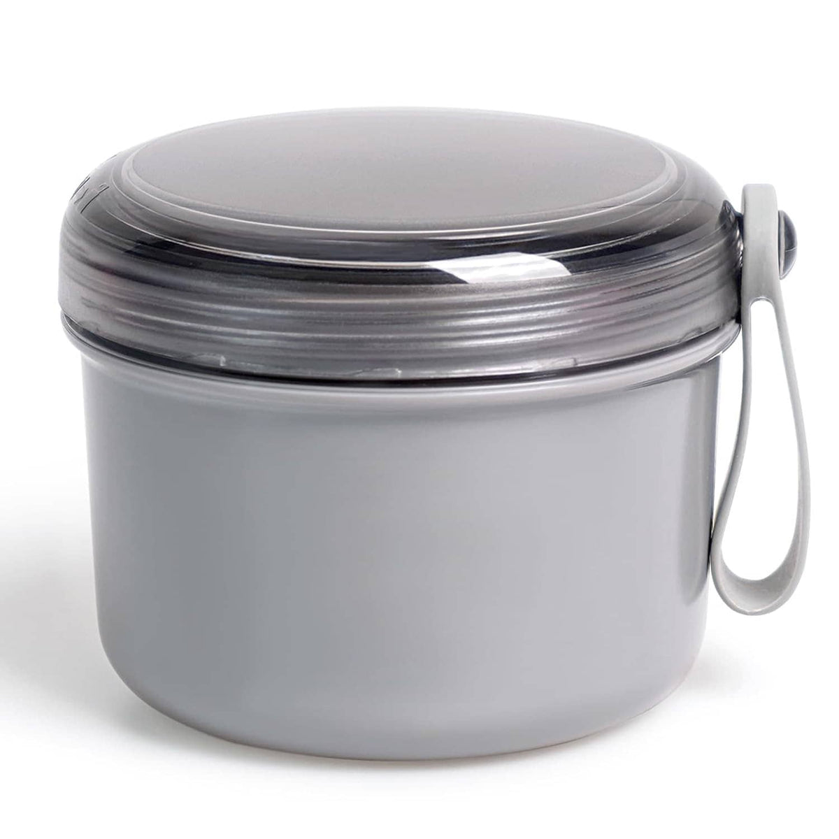 Large denture cleaning bath cup with snap lid and side handle, gray