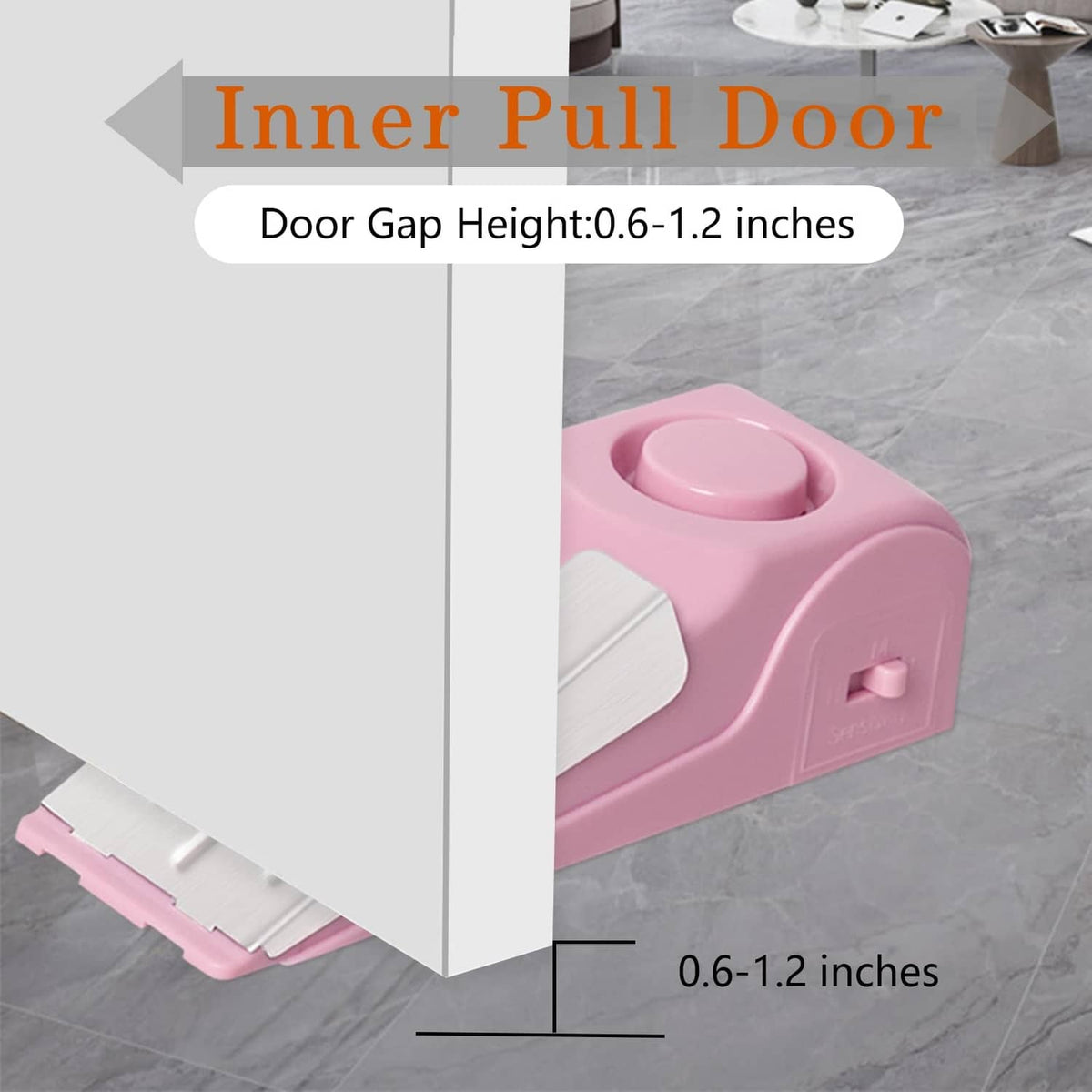 Pink portable door stop alarm wedge with top button and side indicator