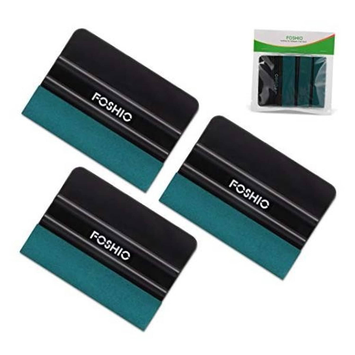 Three-piece vinyl wrap squeegee set with black handle and teal suede felt pads.