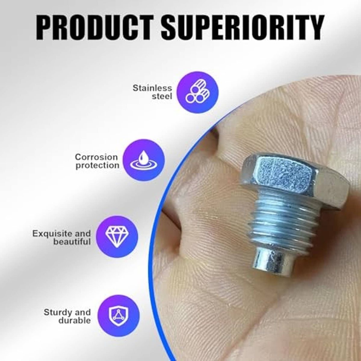 Chrome threaded hex-head screw bolt on hand, flat washer head for small jack part
