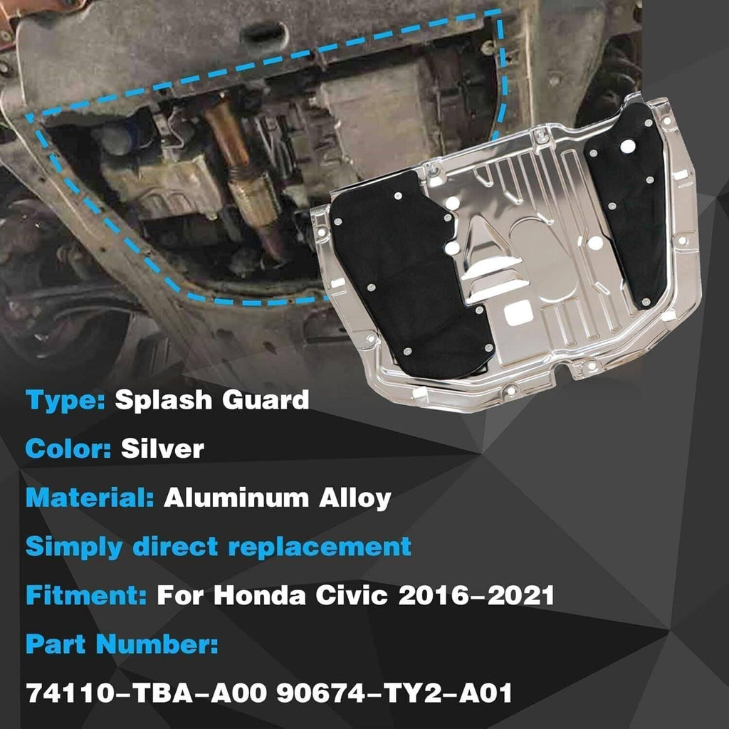 Silver splash guard shield fitted under the front engine area on a car