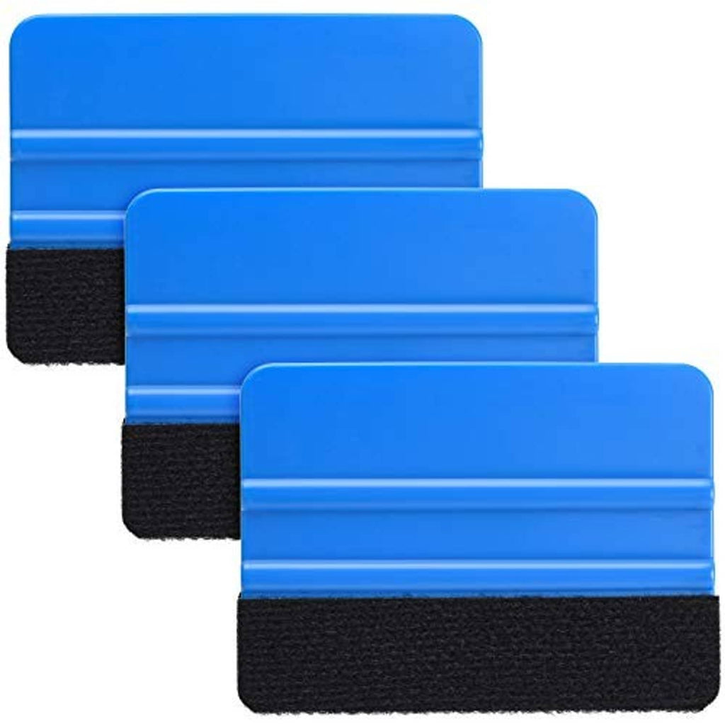 Set of blue-handled felt edge squeegee tools with black pads, staggered front view