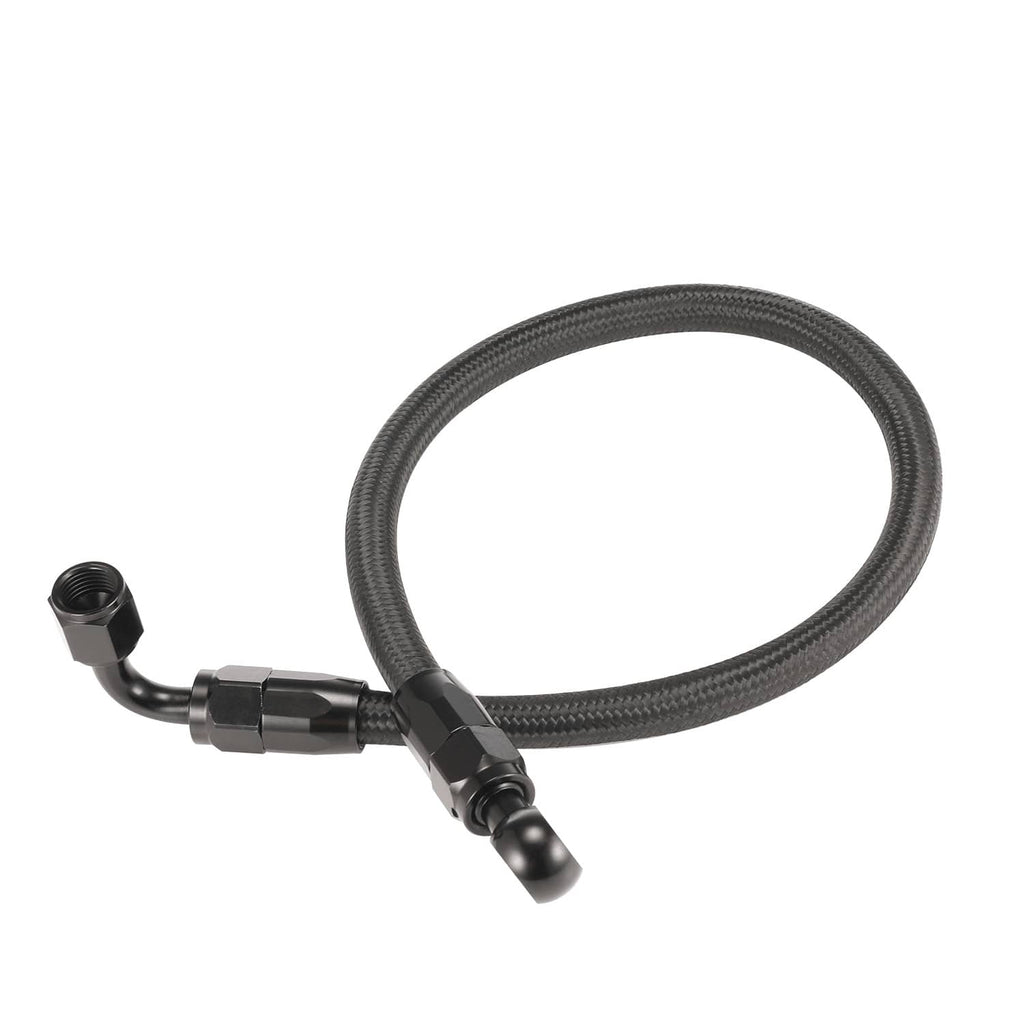 Braided fuel line hose with angled fitting and black braided protective sleeve.