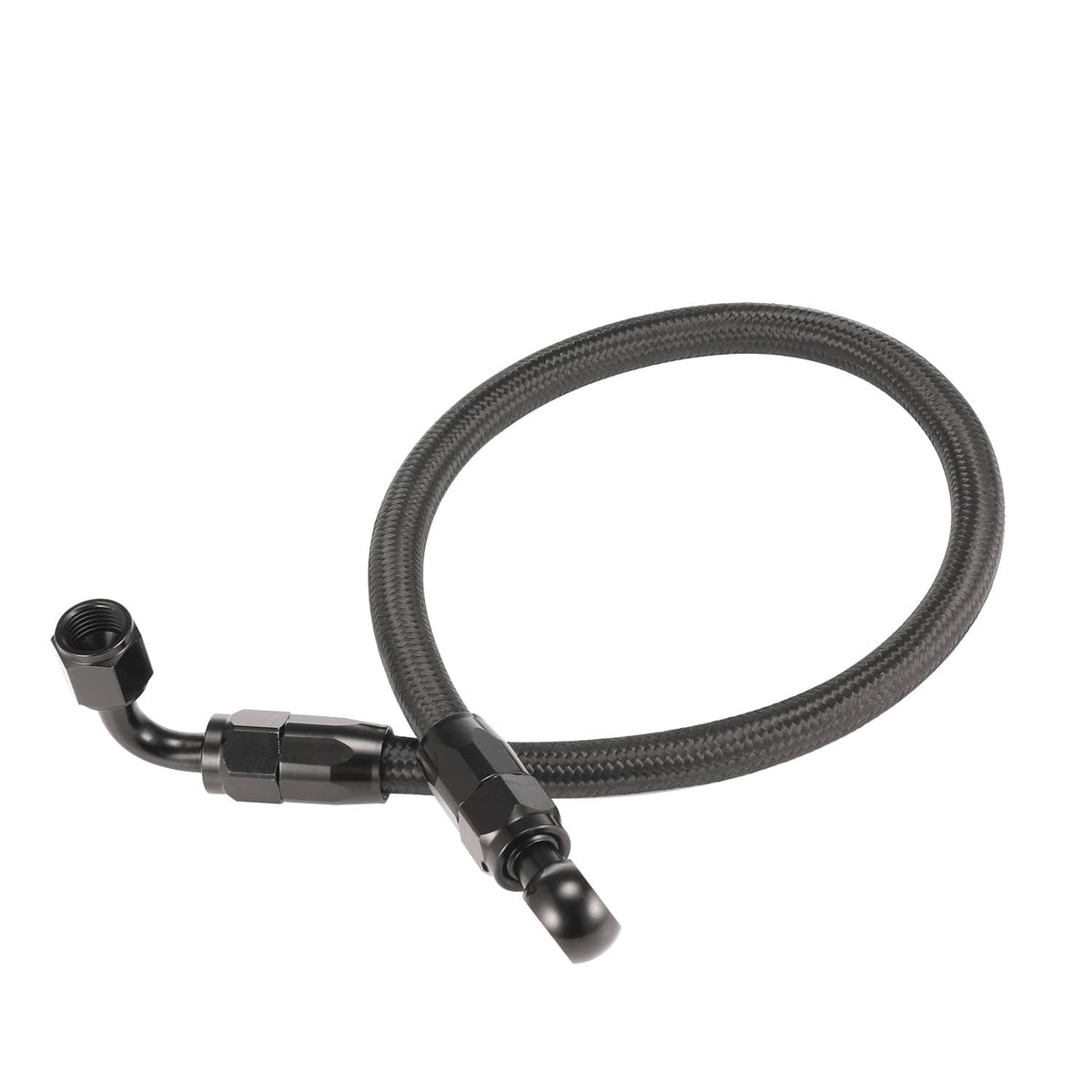 Braided fuel line hose with angled fitting and black braided protective sleeve.
