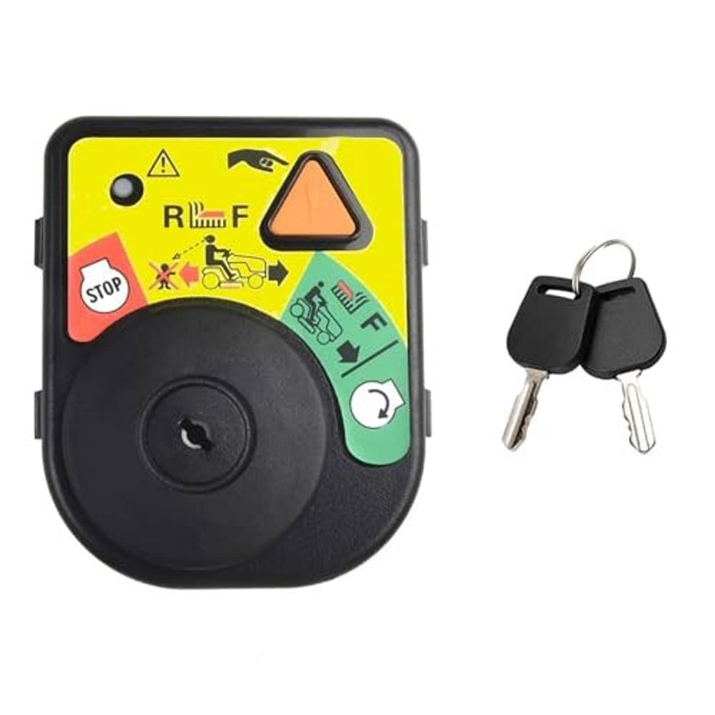 Ignition switch module with two keys and black key cylinder on yellow panel