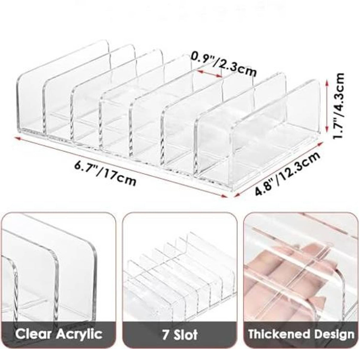 Clear acrylic CD storage tray showing 7 slots and compact dimensions for shelf use