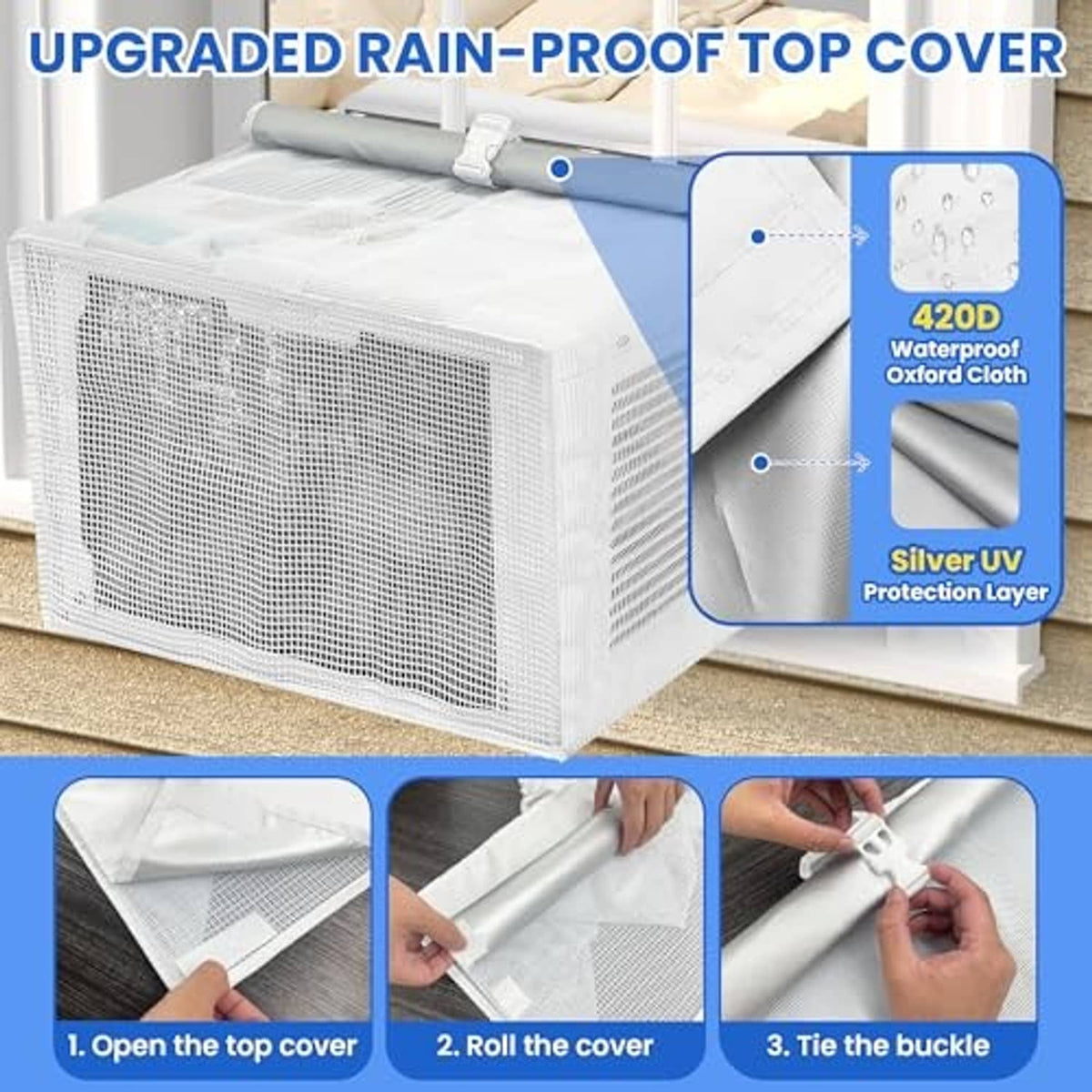 Upgraded white PVC mesh AC cover with rain-proof top layer and protective coating.