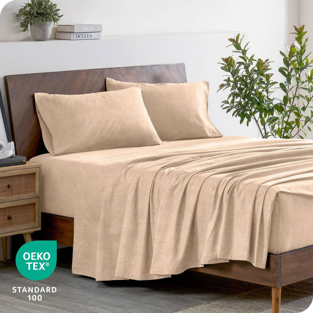 Twin XL flannel bed set in heathered oatmeal with pillows and neatly draped sheets