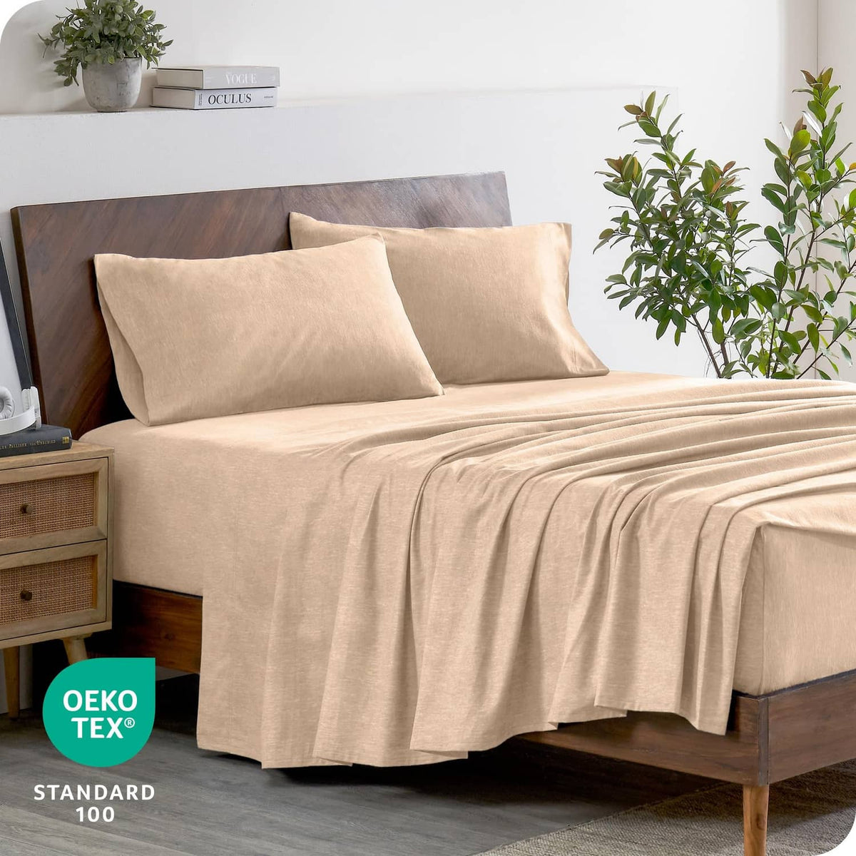 Twin XL flannel bed set in heathered oatmeal with pillows and neatly draped sheets
