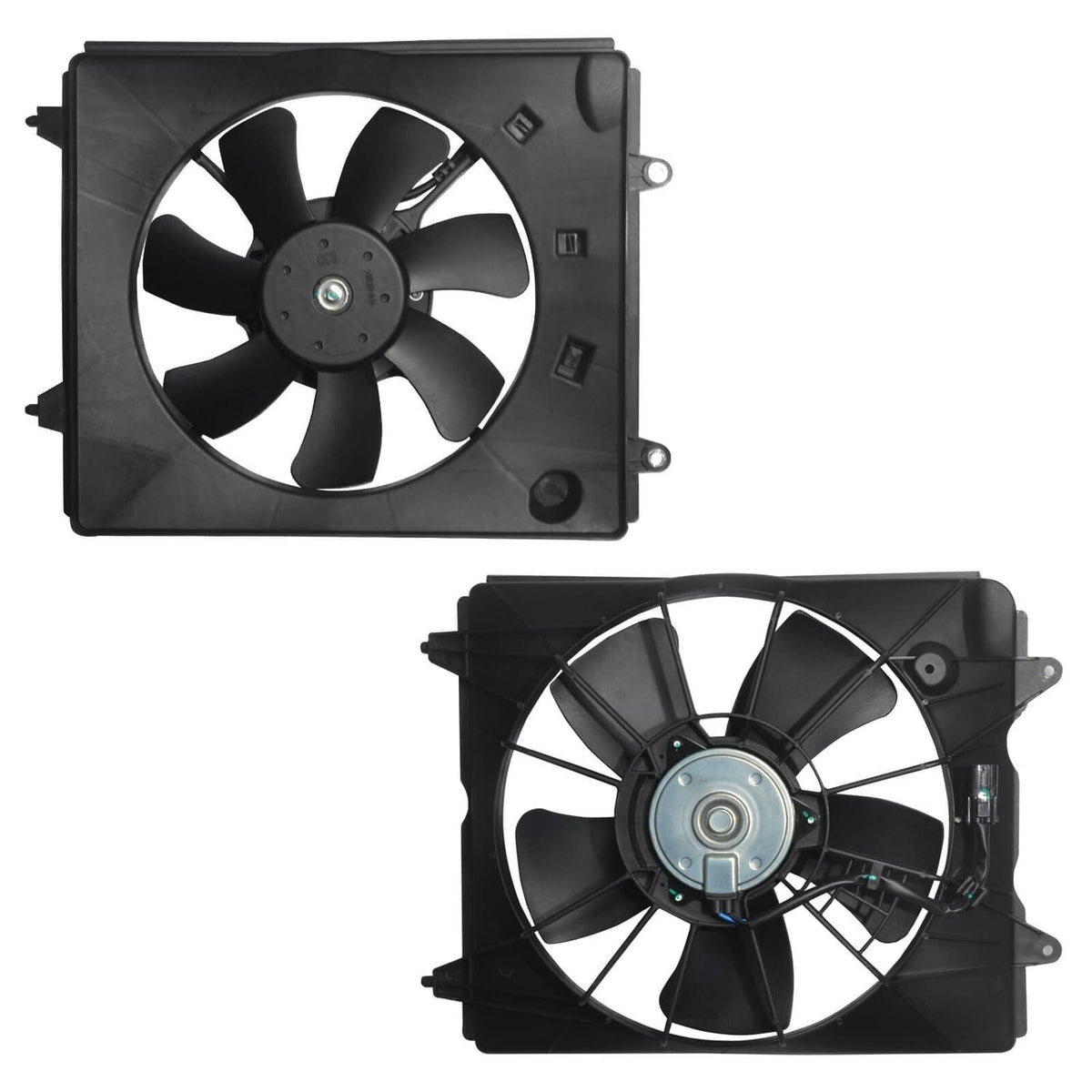 Radiator cooling fan assembly with black fan frame and multi-blade motor hub