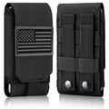 Black tactical MOLLE phone holster pouch with hook-and-loop flap and front flag patch