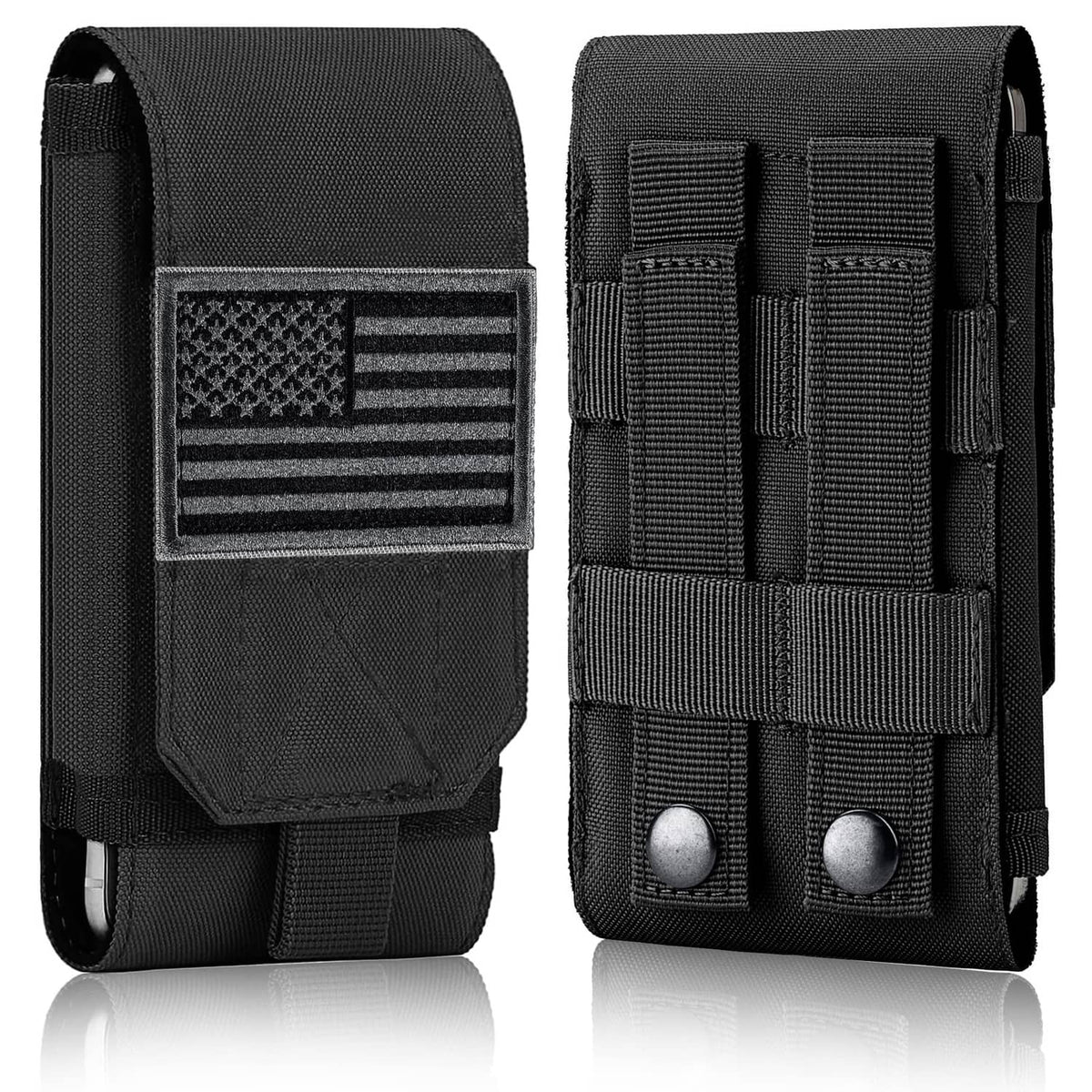 Black tactical MOLLE phone holster pouch with hook-and-loop flap and front flag patch