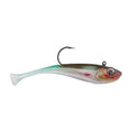 Soft plastic minnow lure with single hook, green-blue back and silver belly