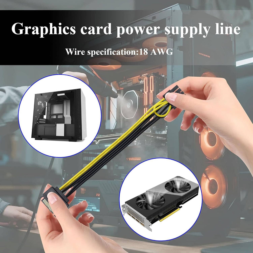 Graphics card power cable, 18AWG wiring, SATA 15-pin to PCIe 8-pin (6+2) ends