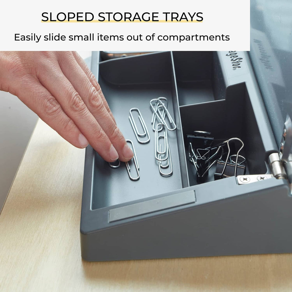 Open storage tray inside botanical dry-erase glass memo board for small office items