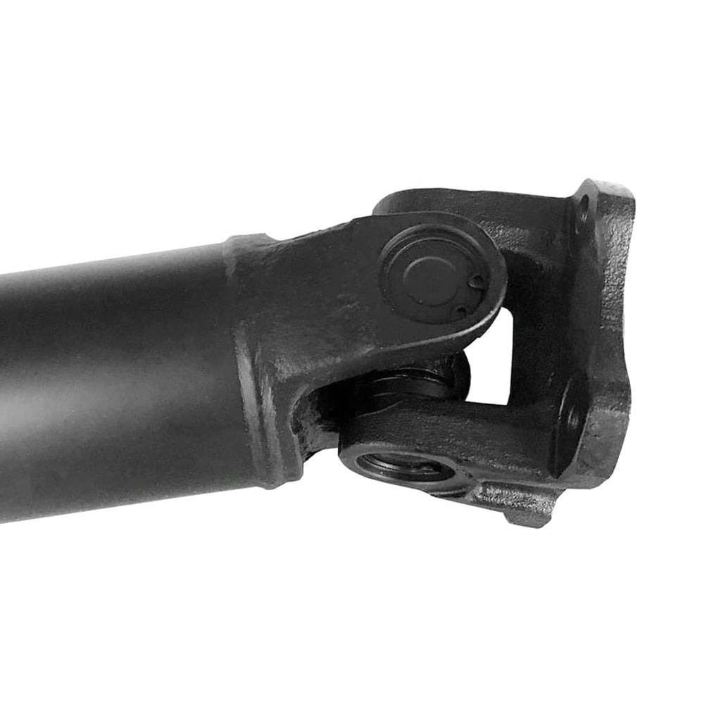 Rear prop shaft universal joint area with black fork housing and threaded center