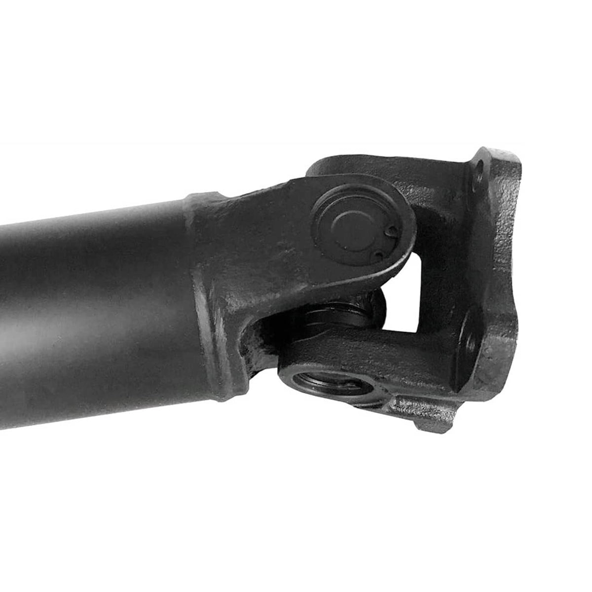 Rear prop shaft universal joint area with black fork housing and threaded center