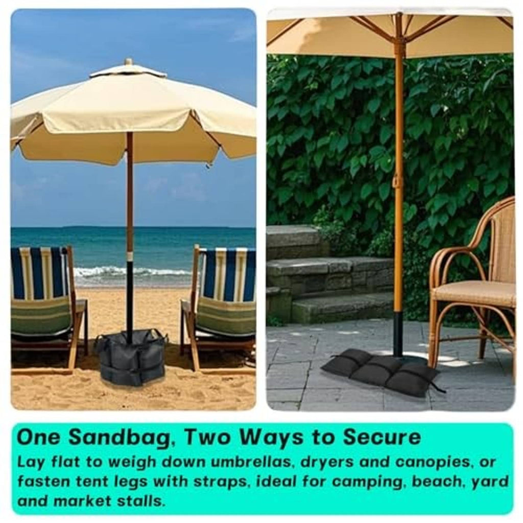 Black sandbag(s) securing patio umbrella legs with adjustable straps