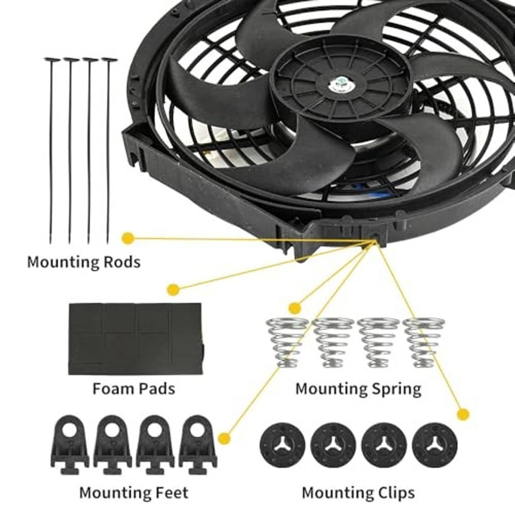 Radiator cooling fan with black blades plus mounting rods, foam pads, springs, and clips