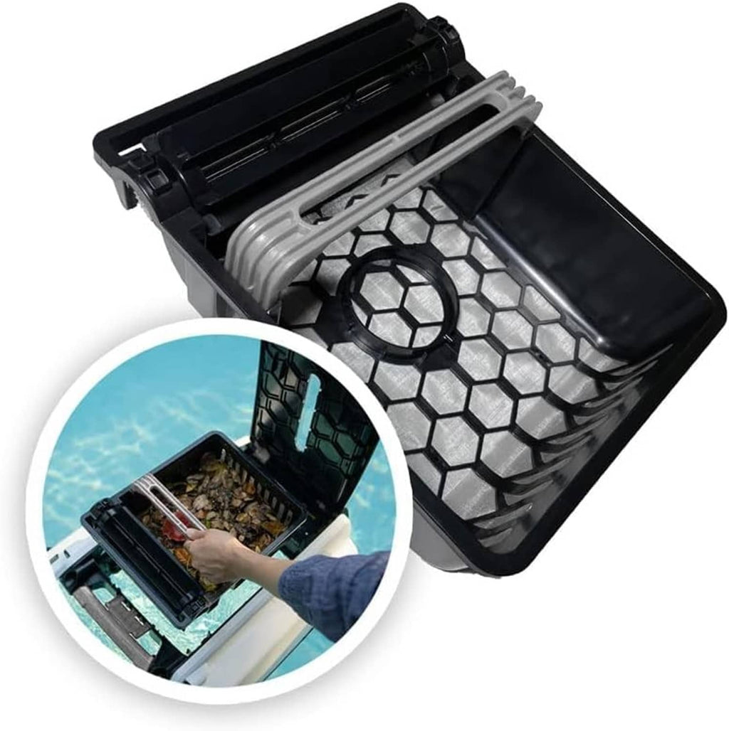 Black debris basket with hex mesh insert and empty open bin