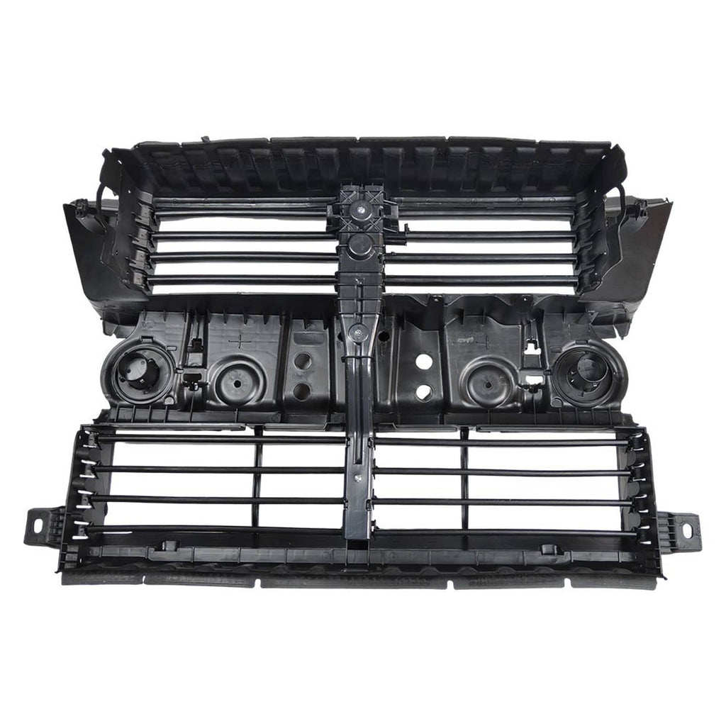 Car front grille shutter assembly with motor, top view with black slats and actuator parts