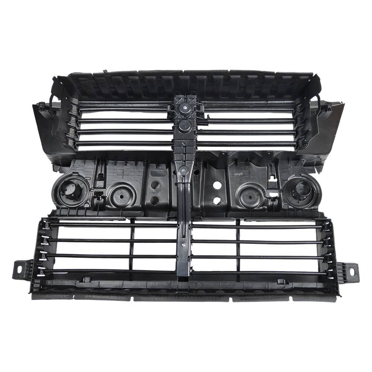 Car front grille shutter assembly with motor, top view with black slats and actuator parts