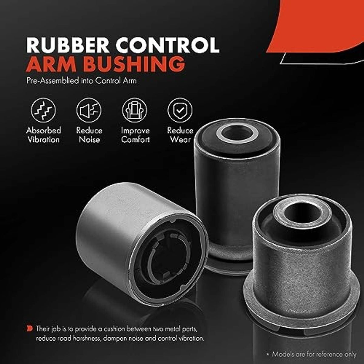 Rubber bushing and ball joint components for a black upper control arm assembly.