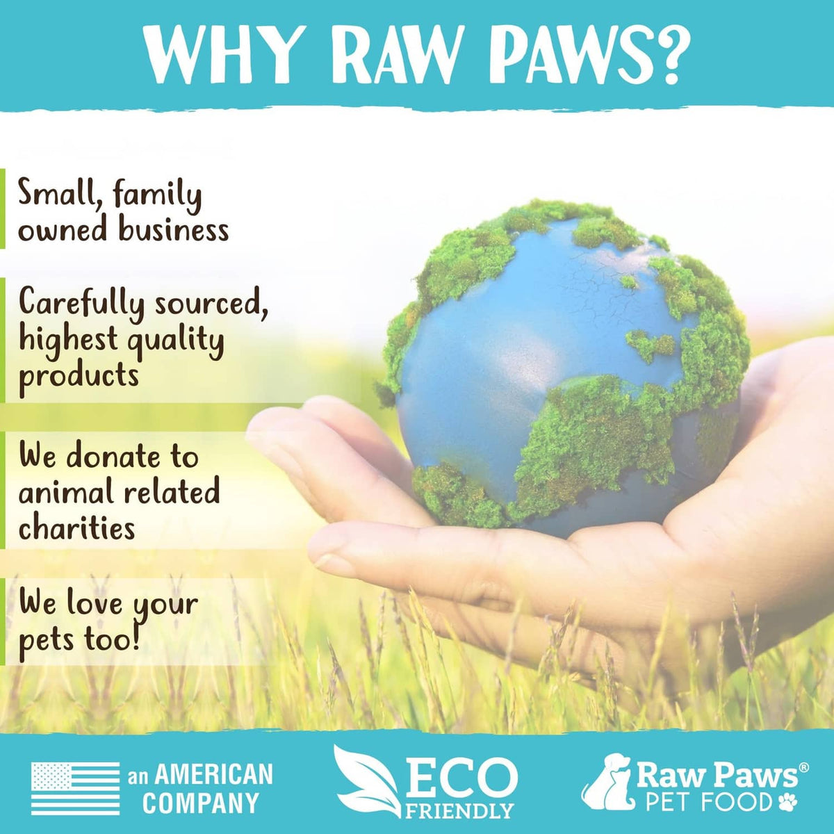 Why Raw Paws pet food infographic with globe and hands outdoors