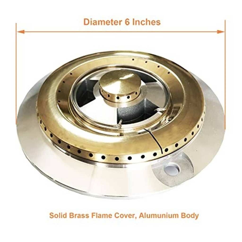 6-inch brass flame cover and silver burner head with perforated outer ring