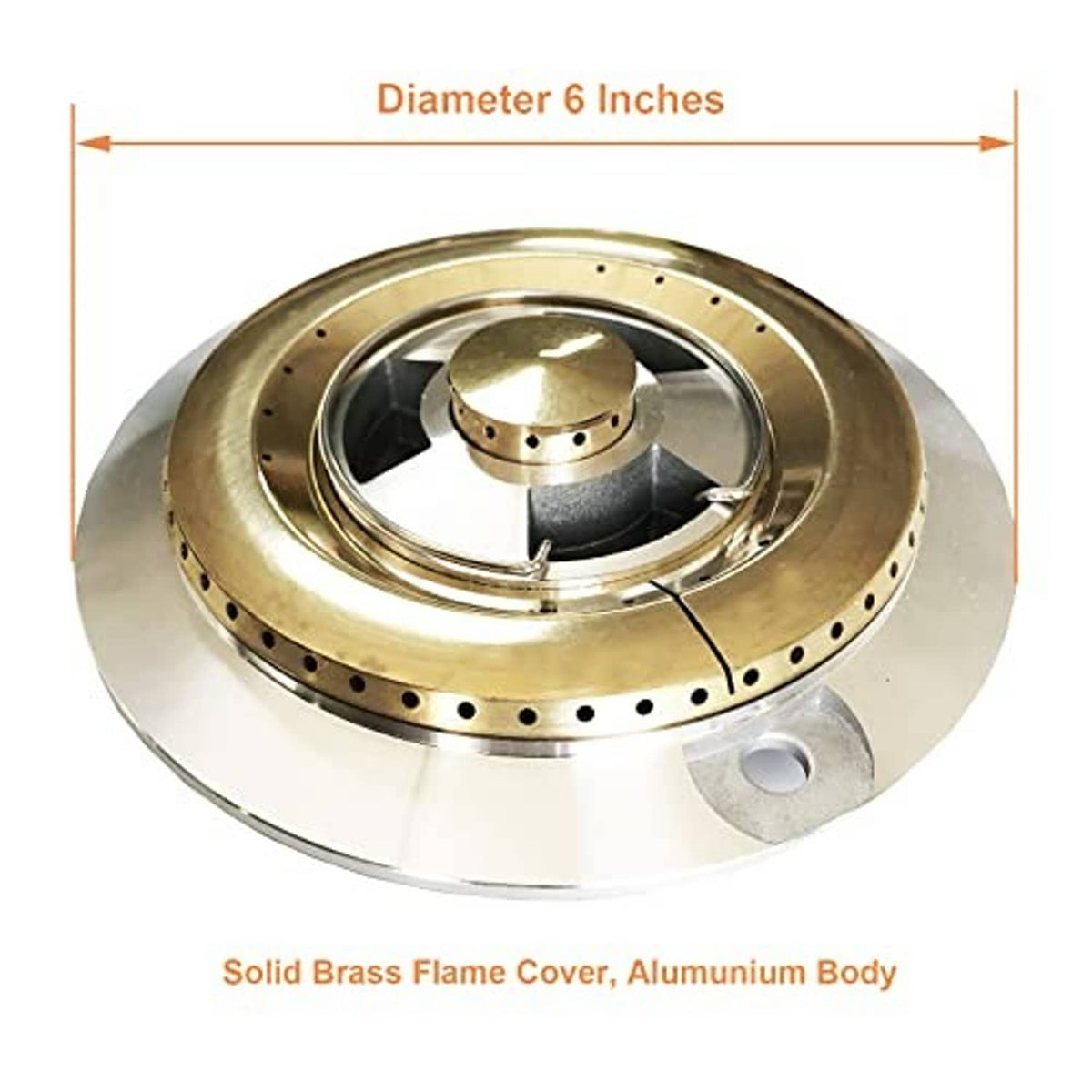 6-inch brass flame cover and silver burner head with perforated outer ring