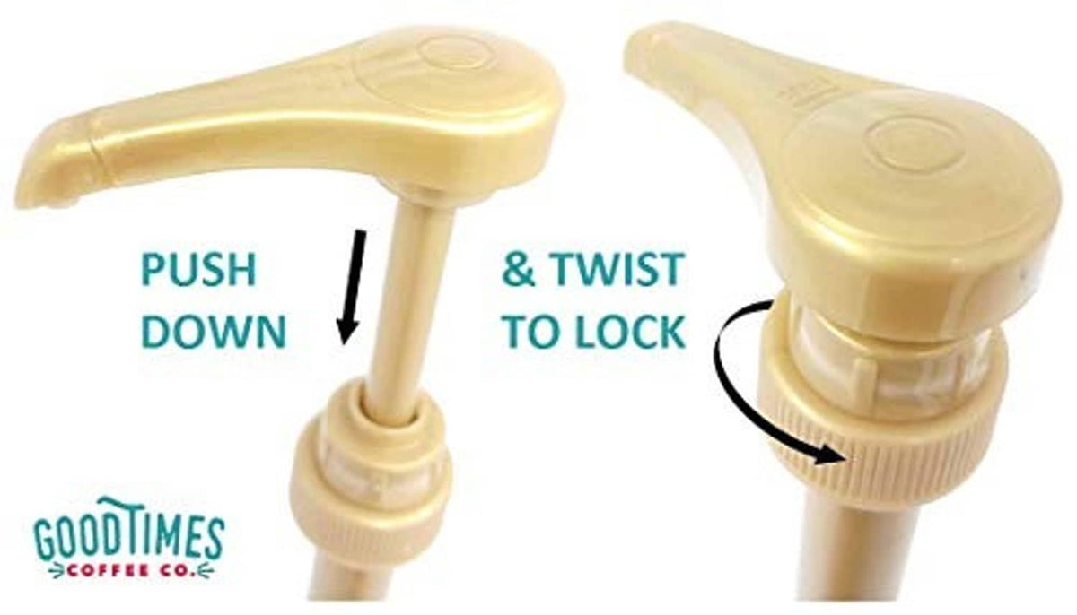 Gold syrup pump top with push-down and twist-lock cap for dispensing