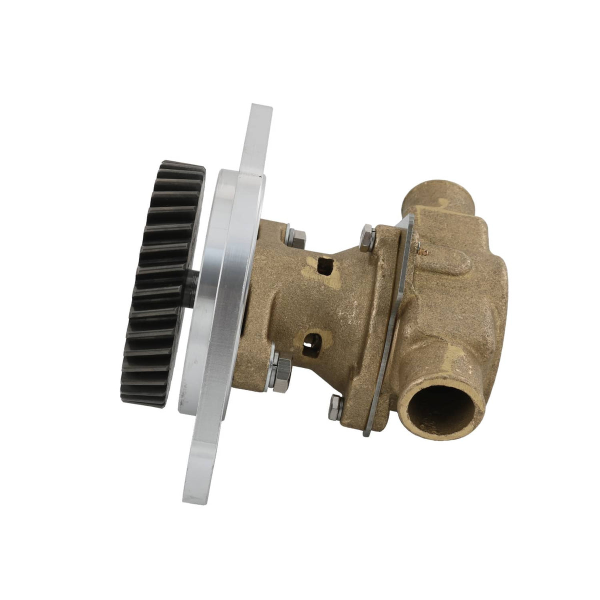 Raw water pump with toothed pulley gear, mounting flange, and inlet port