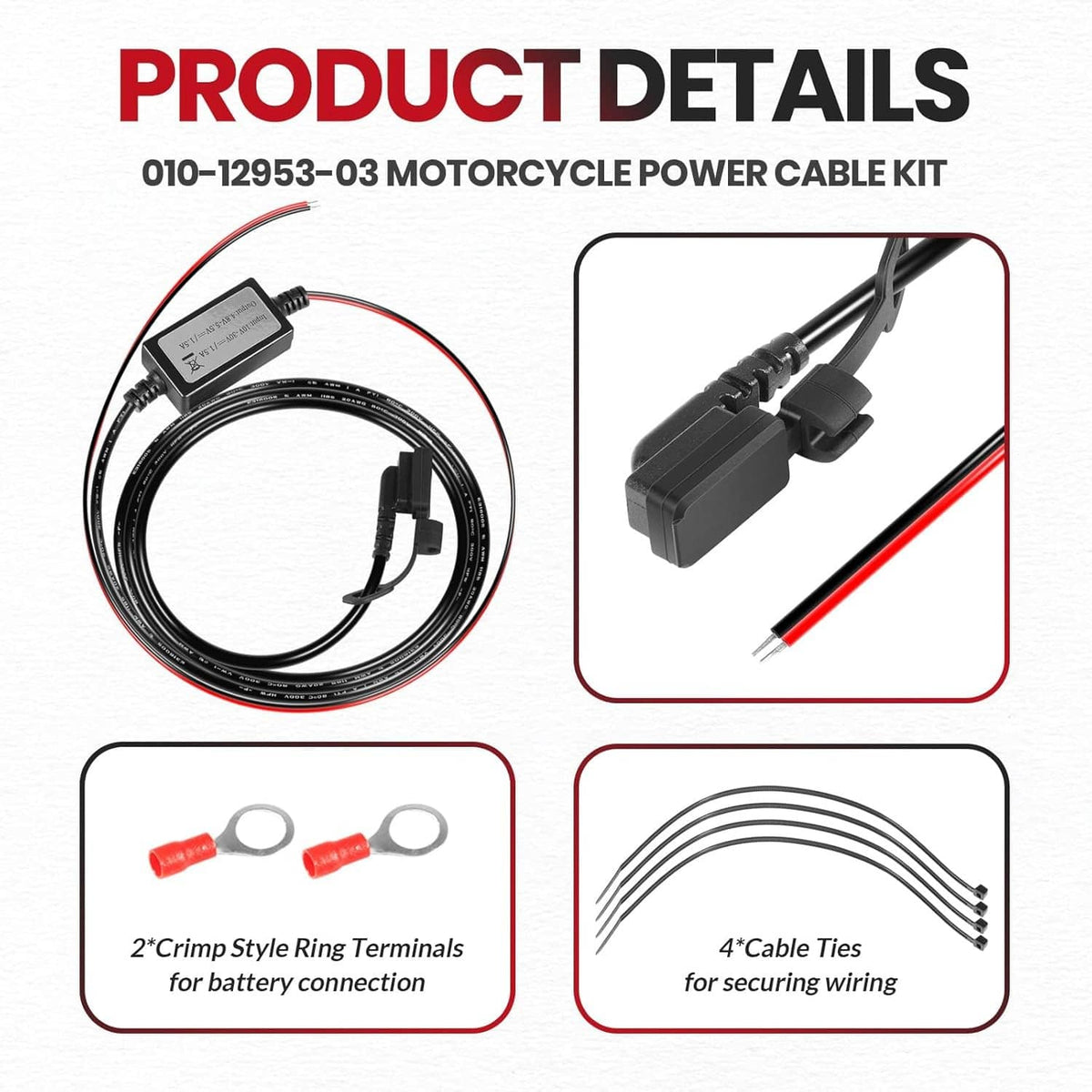Motorcycle power cable kit contents: controller, connectors, ring terminals, and cable ties