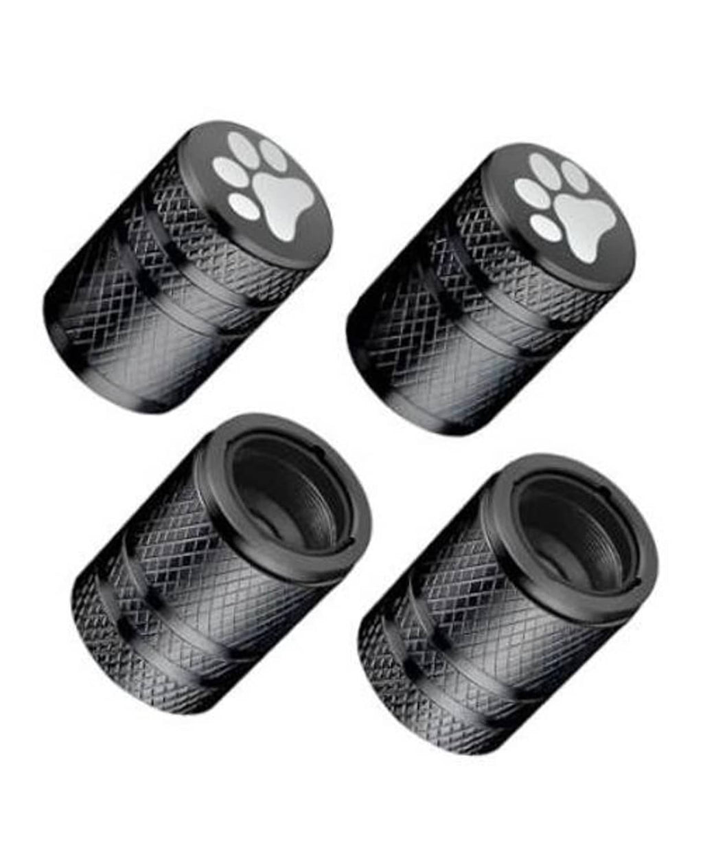 Four black cat-paw tire valve stem caps with textured diamond pattern
