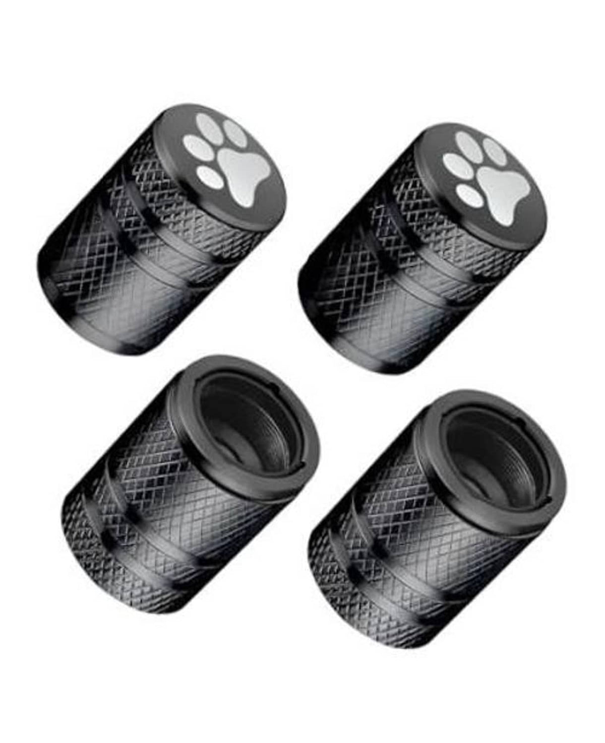 Four black cat-paw tire valve stem caps with textured diamond pattern