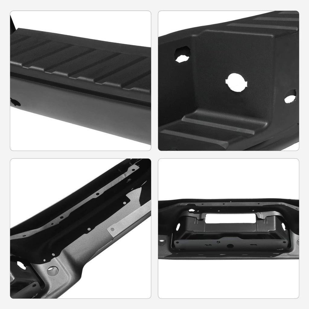 Black rear step bumper close-up showing textured tread and mounting holes