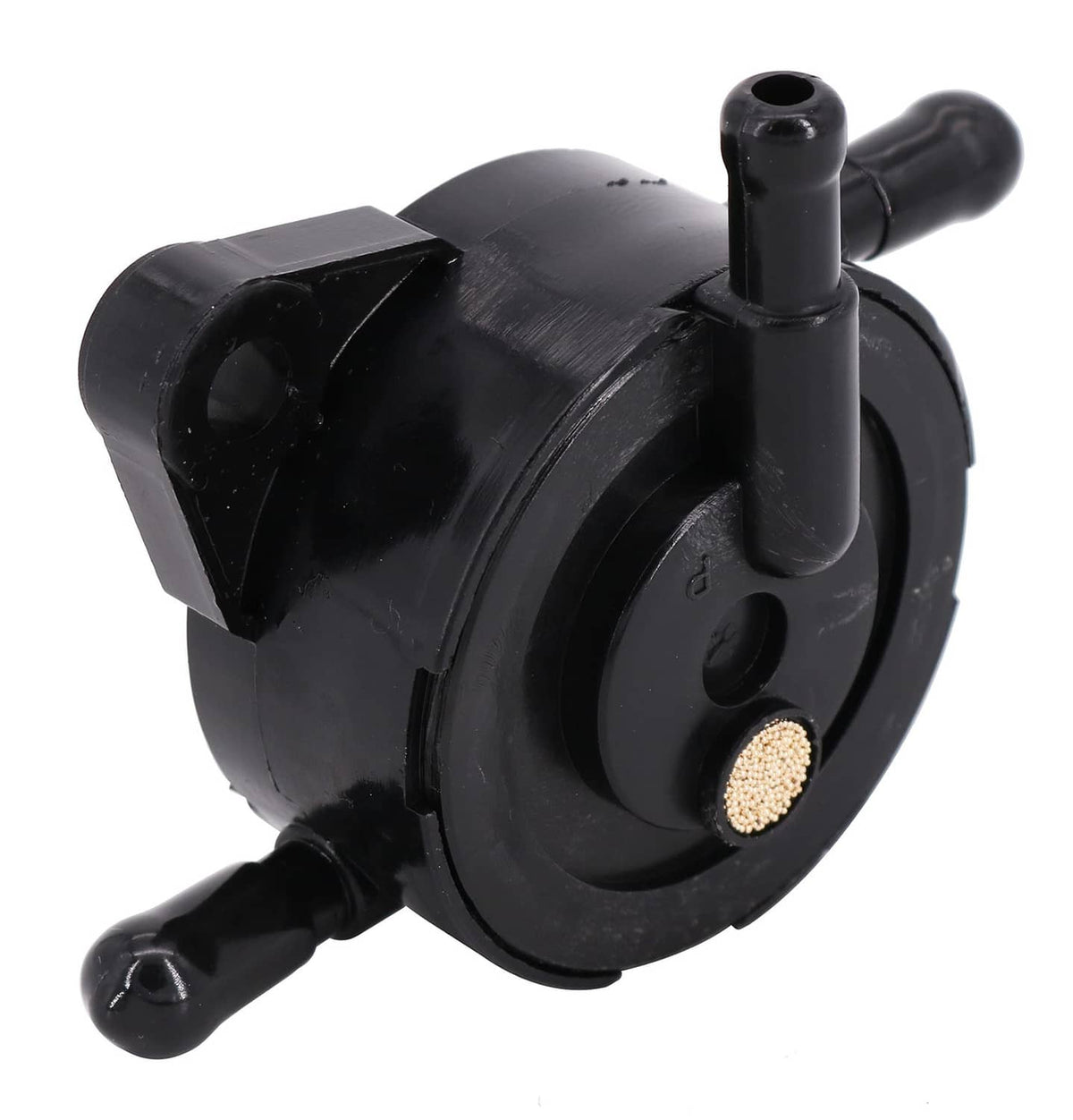 Black fuel pump with raised inlet stem and visible filter mesh disc