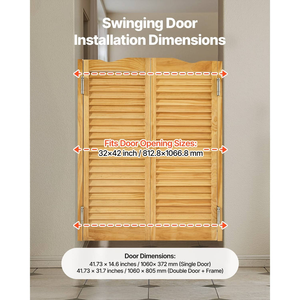 Pine wood double-swing saloon doors with shutter slats and hinge hardware, size shown