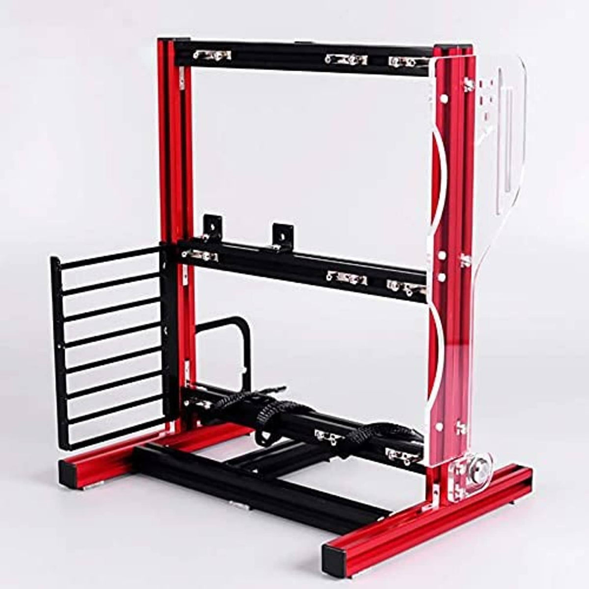 Red and black DIY motherboard case rack chassis with open frame and mounting bars